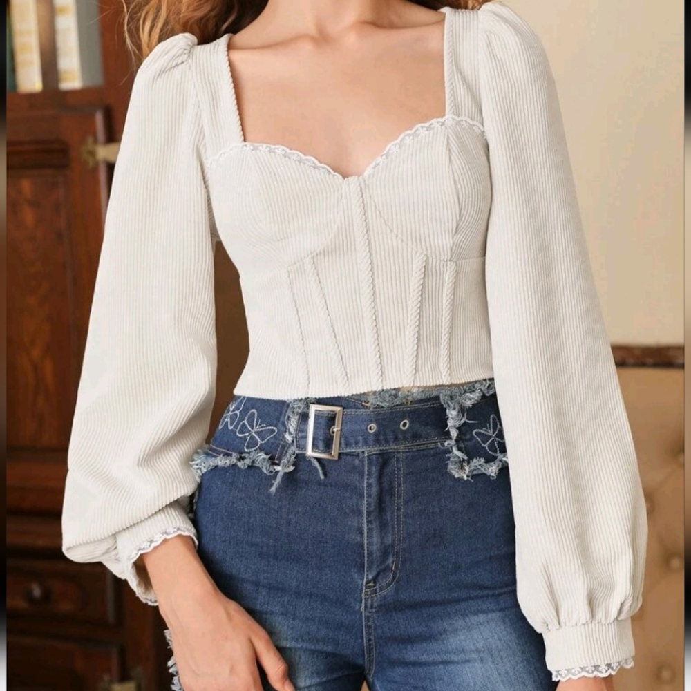 Corduroy style long puff sleeve lace trim bustier top size Large sweetheart neck